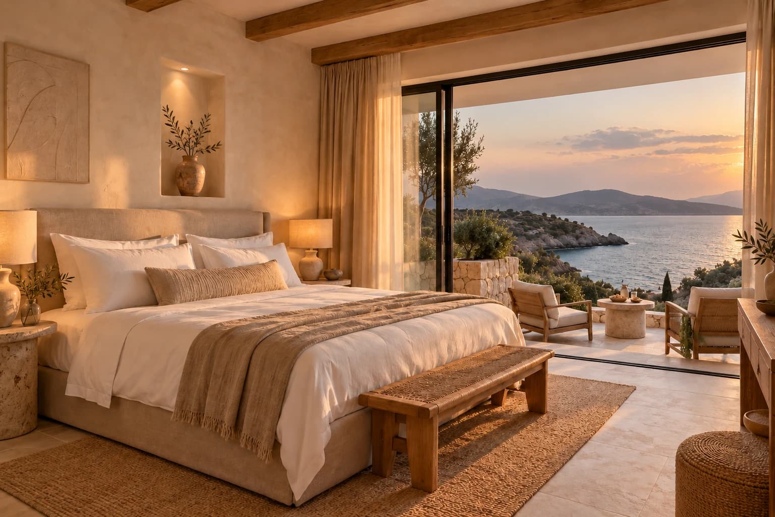 Gün batımında deniz manzaralı butik otel odası